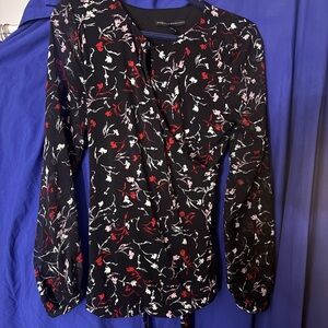 White House Black Market Black Blouse with Red and White Floral Design
